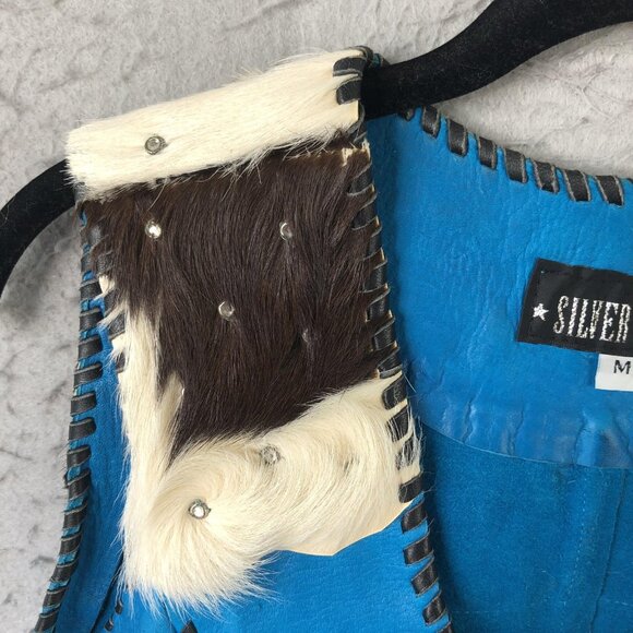 Silver Mesa Vest Womens Medium Blue Leather Cowhide Rhinestone Western Boho - Picture 10 of 16